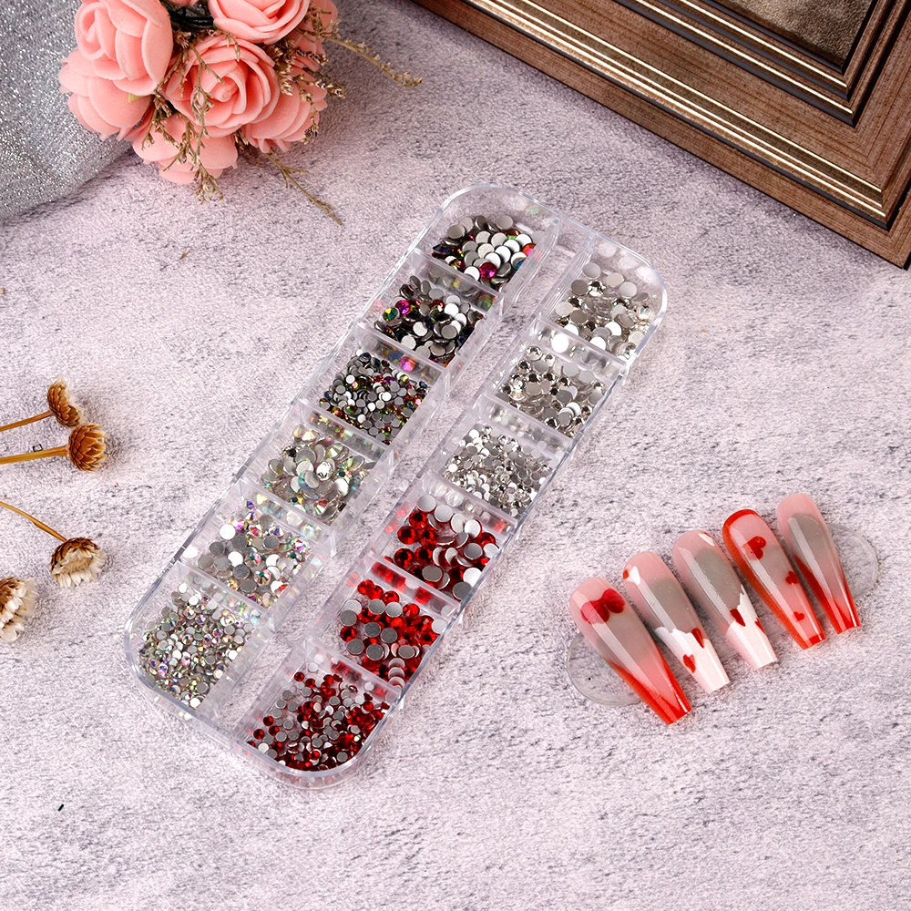 12 Grids Nail Rhinestones AB Color 3D Gems DIY Manicure Decoration Beads/Glitter Sequins/Gold Charms Supplies Professional Decor