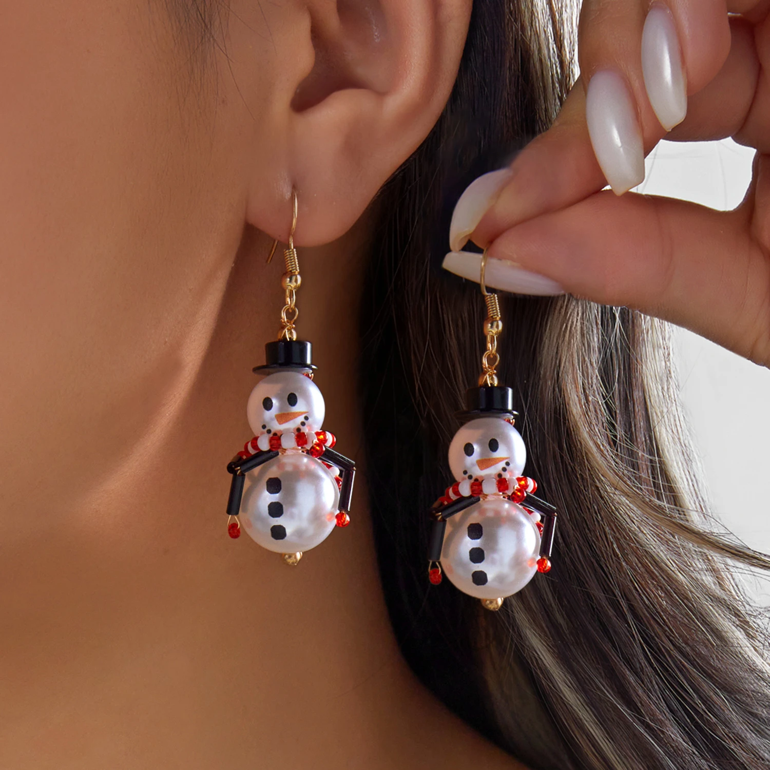 Neues Design Schal-Ohrringe mit Weihnachts-Schneemann für Damen Imitationsperlen Schneemann-Ohrringe Partyschmuck – Detail 1
