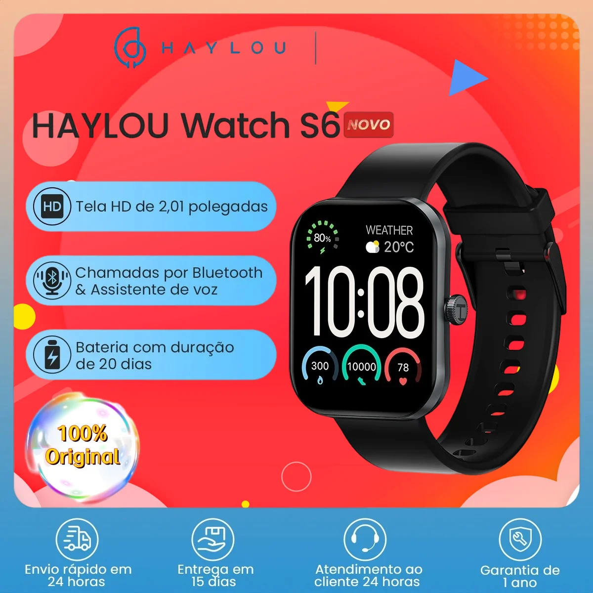 Оригинальные умные часы Haylou S6 2,01 дюйма, HD-дисплей, Bluetooth, голосовые звонки, IP68, водонепроницаемые, фитнес-отслеживание, умные часы