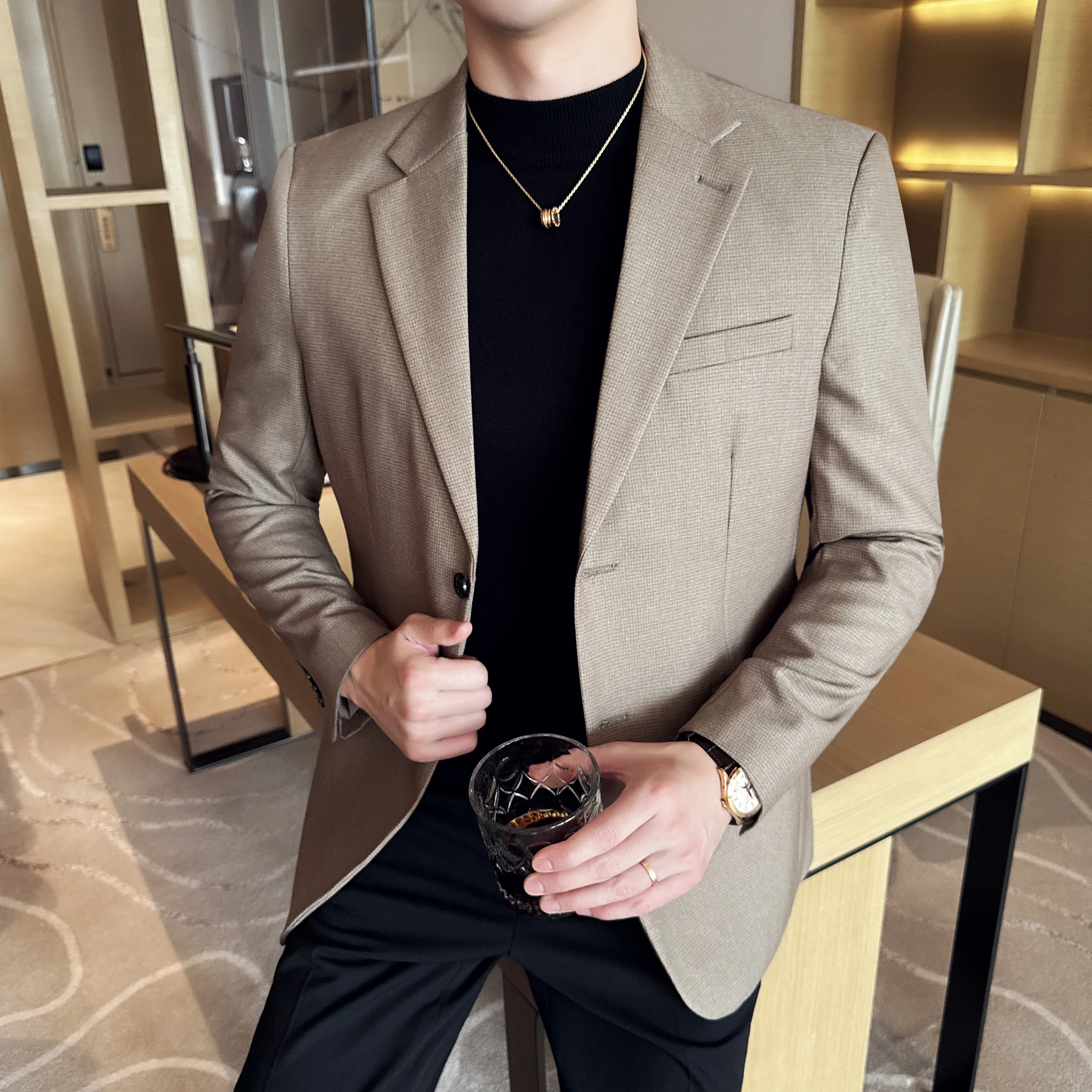 

Модный осенне-зимний вафельный пиджак для мужчин, однотонный приталенный повседневный пиджак Masculino, деловые классические пальто для социального банкета