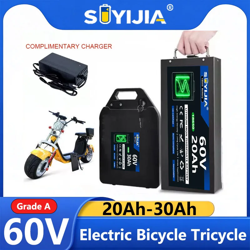 60V 20Ah/30Ah Waterproof Lithium Battery Pack 16 Strings 18650 High-Power 2400W Built-in BMS Protection with 67.2V Charger