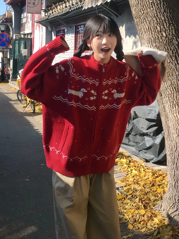 

Red Knitted Zipper Casual Sweater Coat Women's Autumn Winter Street Sle Loose Fit Cardigan New Year's Faion Lazy Sle