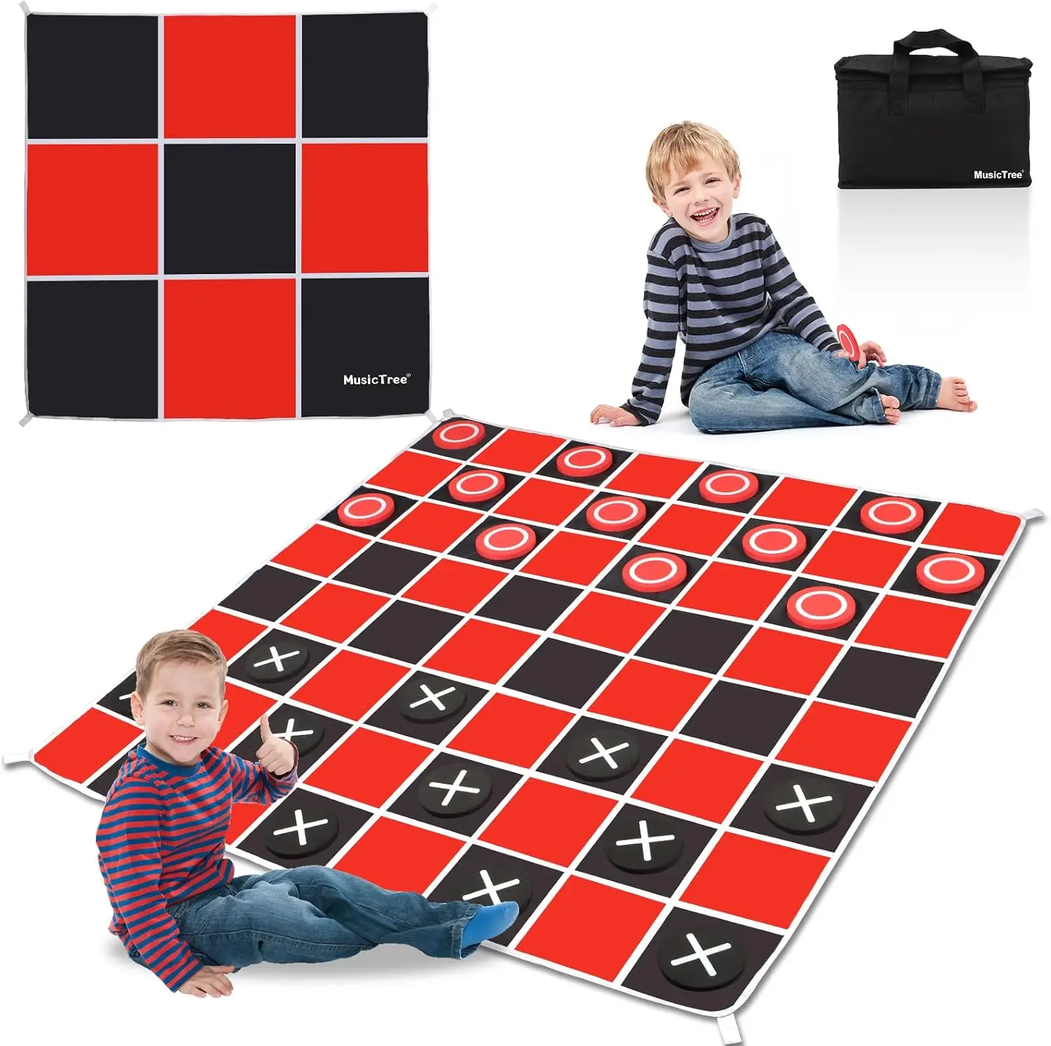 

2 in 1 Giant Checkers & Tic Tac Toe Game Set, 4.6ft x 4.6ft, Outdoor Indoor Lawn Game with Chess Board Mat & Ground Stakes