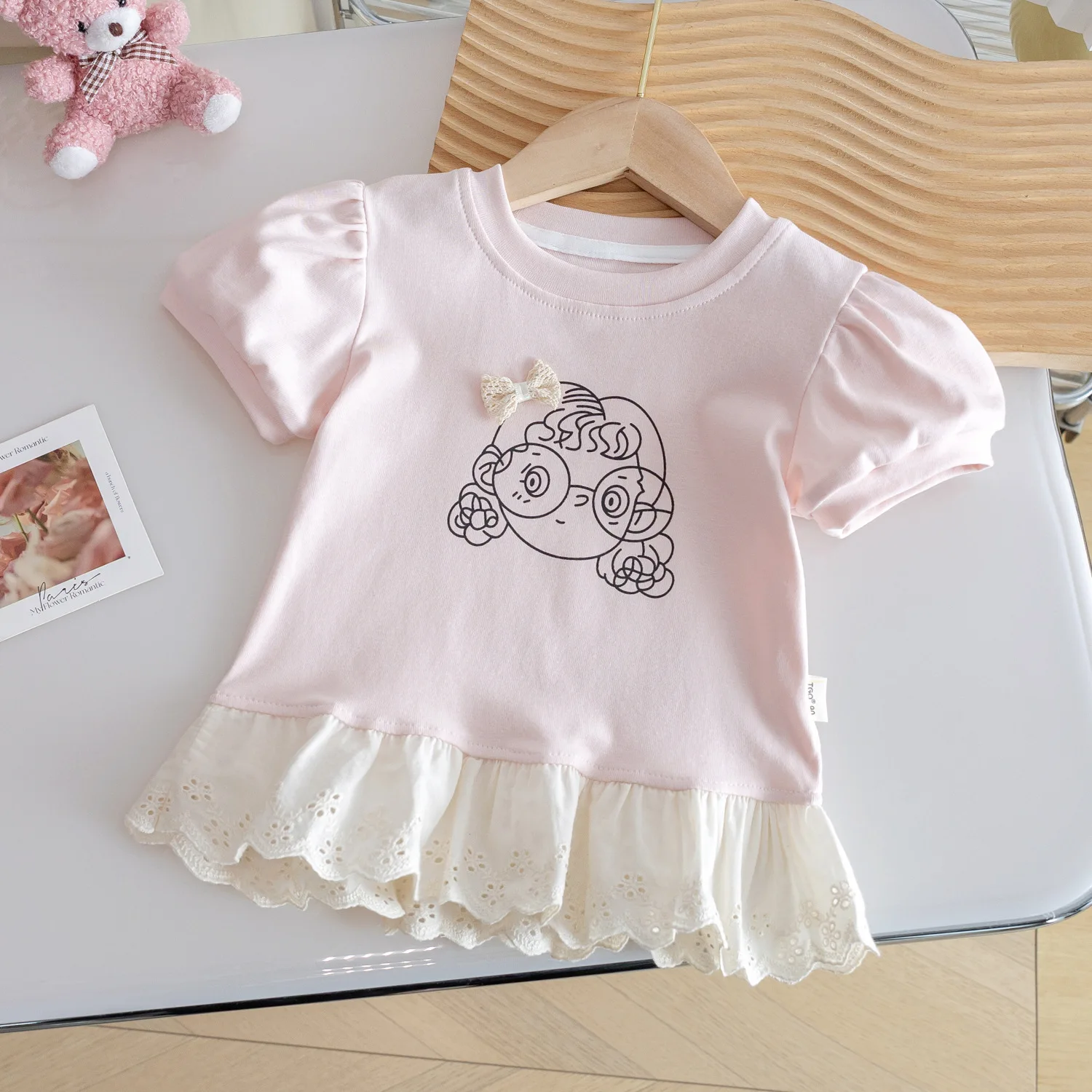 Sweet Baby Girls Ruffle Lace Patchwork T-Shirts Short Puff Sleeve Cartoon Print Bow Tees 2025 Summer Casual Tops