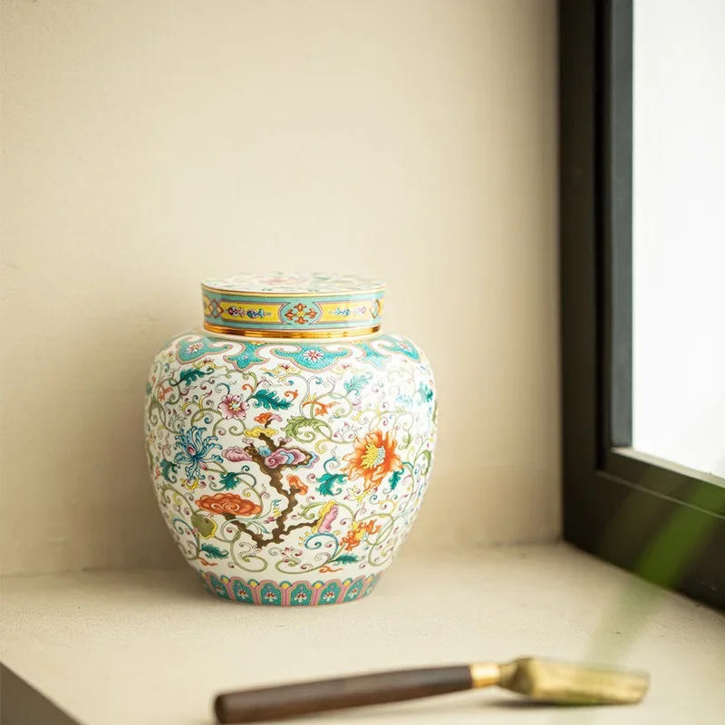 Jingdezhen Antique Enamel Color Tea Tank Storage Tank Shili Peach Blossom Antique Moisture-proof Sealed Tank Ceramic TeaSet Gift
