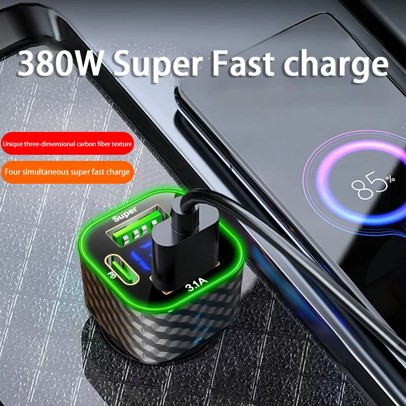 380W Car Phone Charger USB C Dual PD 4 in 1 with Voltage Display Super Fast Charge Adapter For iPhone Xiaomi Oppo Vivo Samsung