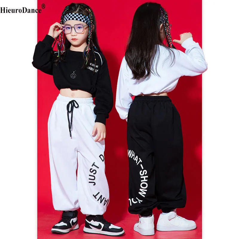 Roupas de dança Kpop Hip Hop para meninas, black crop tops, calça branca, traje moderno de jazz, roupa de rua menina