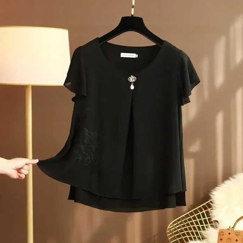 Short-sleeved Round Neck Chiffon Embroidered Small Summer Middle-aged and Elderly Women\'s Broad Too Loose Cover Belly Blouse