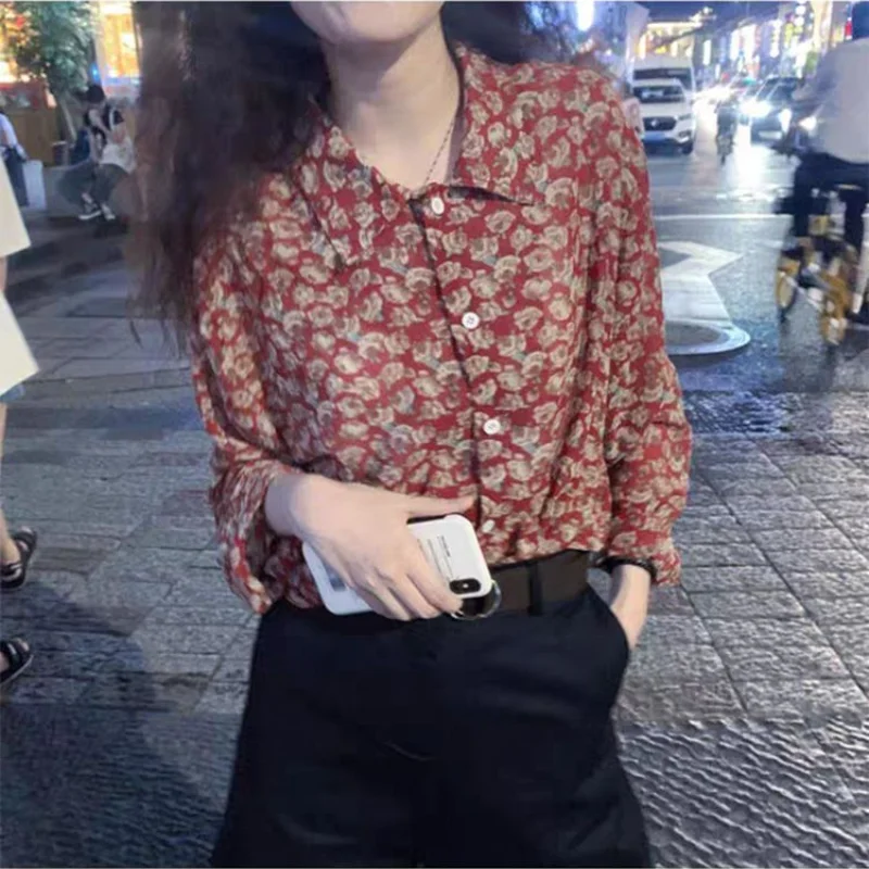 Chiffon Floral Shirt Tops Spring New Polo Neck Long Sleeve Printing Loose Youth All-match Blouse Fashion Vintage Women Clothing