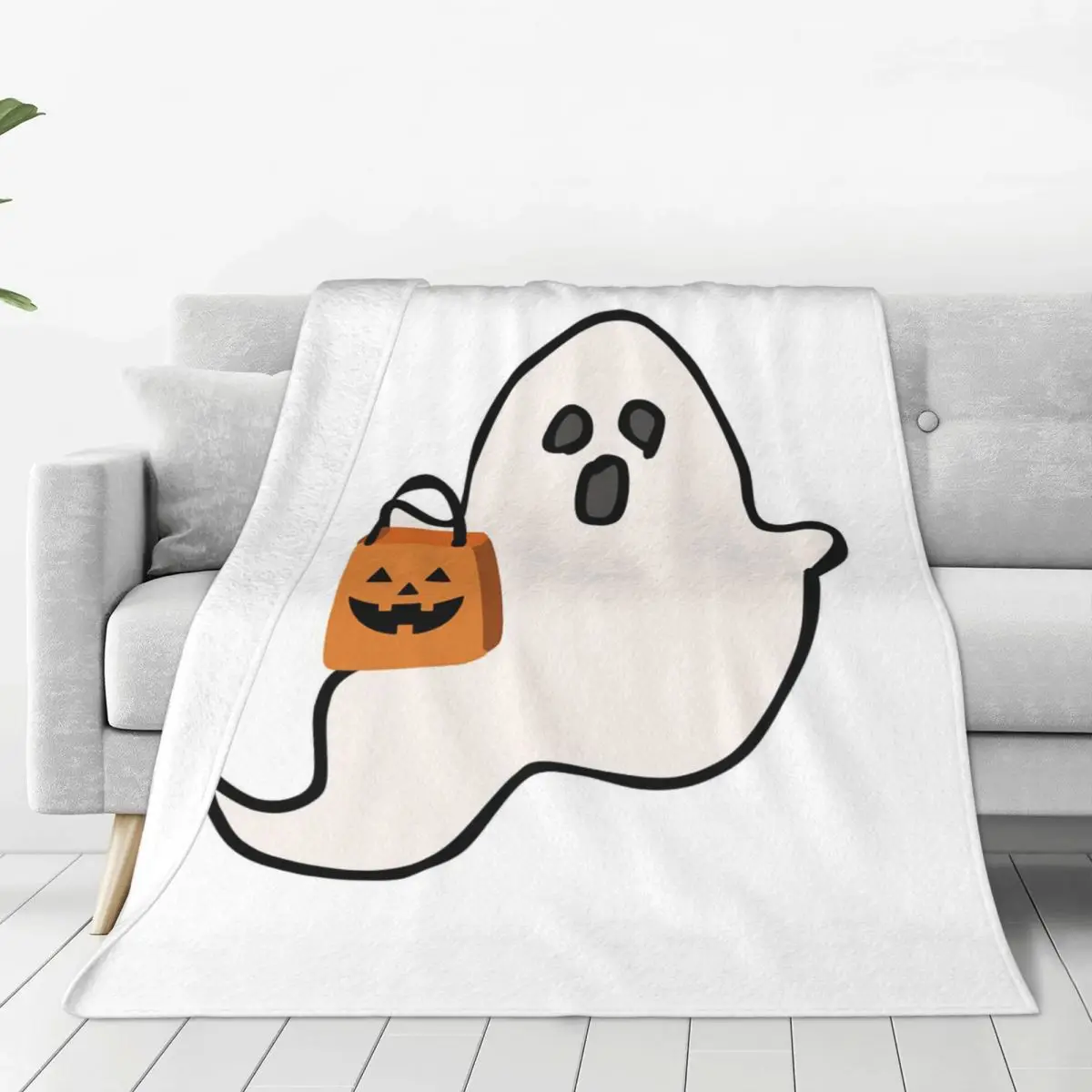 

Trick-or-Treat Ghost Cute Halloween Ghost With Pumpkin Bag Blankets Soft Warm Flannel Throw Blanket Cover Travel Home Couch