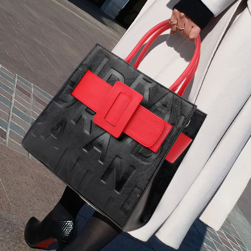 

Aidrani women's large capacity handbag with letter print design, made of cowhide material, black