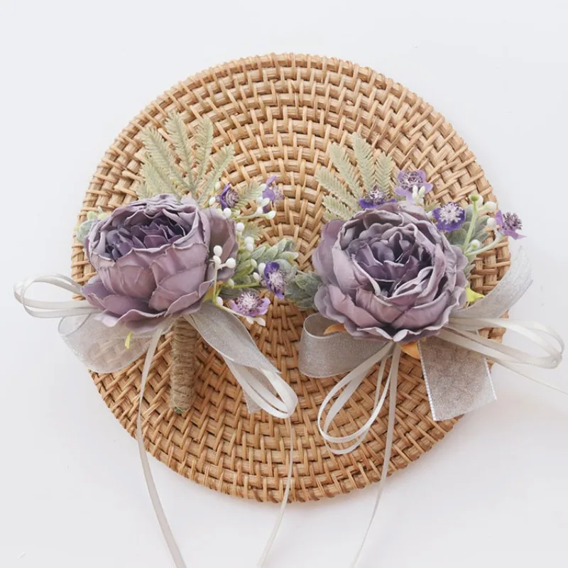 Fleurs roses artificielles violettes, boutonnières de garçon d'honneur, corsage de poignet, accessoires de mariage de demoiselle d'honneur