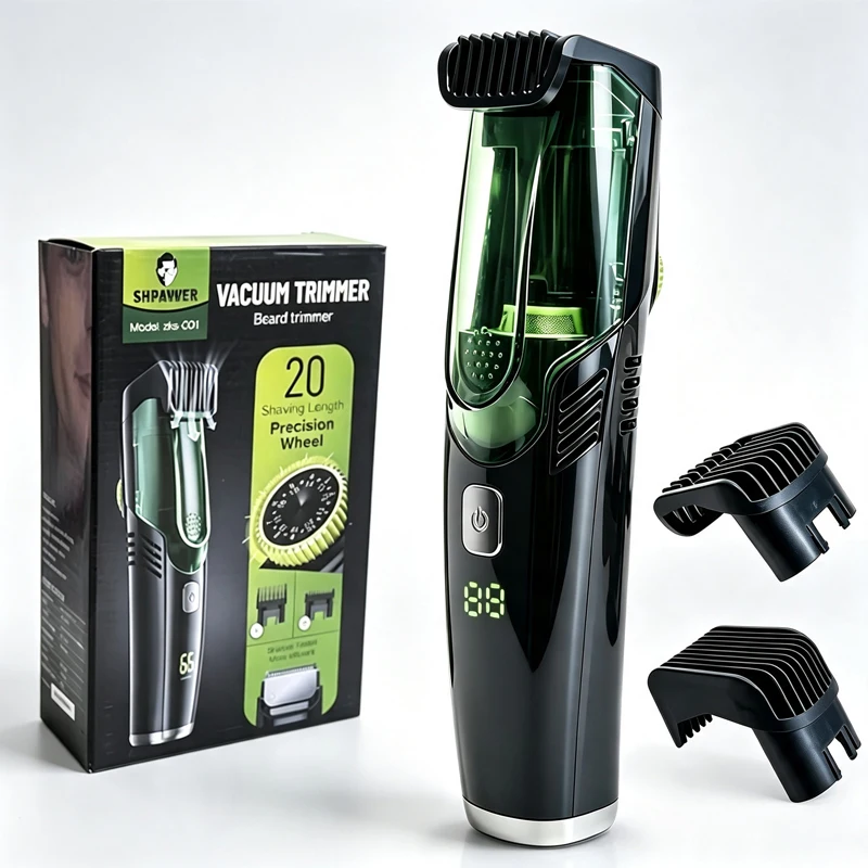 Cordless Men Beard Trimmer Rechargeable Electric Shaver with 20 Trim Built-in Vacuum Clipper for Mustache Sideburns Grooming Kit
