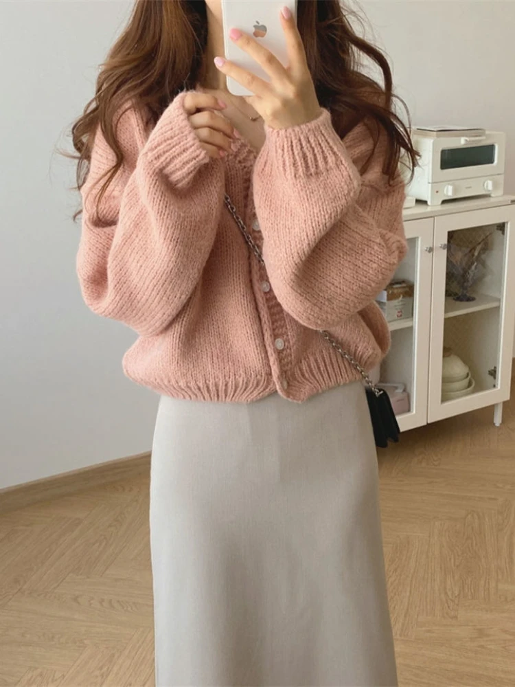 Solid Cropped Cardigans Women All-match Autumn Simple Fashion Sweet Vintage Young Girls Tender Temperament Loose Ins Korean Chic