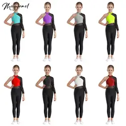 Kids Girls One Shoulder Gymnastics Dance Jumpsuit Shiny Rhinestones Sheer Mesh Long Sleeve Bodysuit Figure Skating Costume