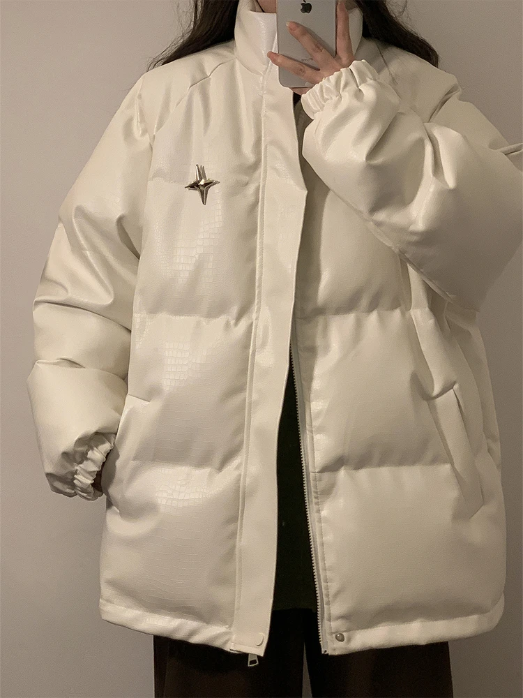 

Thiened PU Leather Stand Collar Bread Cotton Jaet Men's Winter Warm Outerwear Couple's Cotton Coat Youth Faion