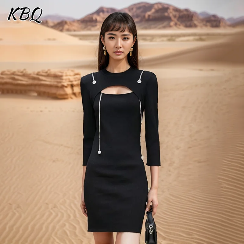 

KBQ Sexy Hollow Out Spliced Diamonds Slimming Dresses For Women Round Neck Long Sleeve High Waist Knitting Bodycon Dress Female