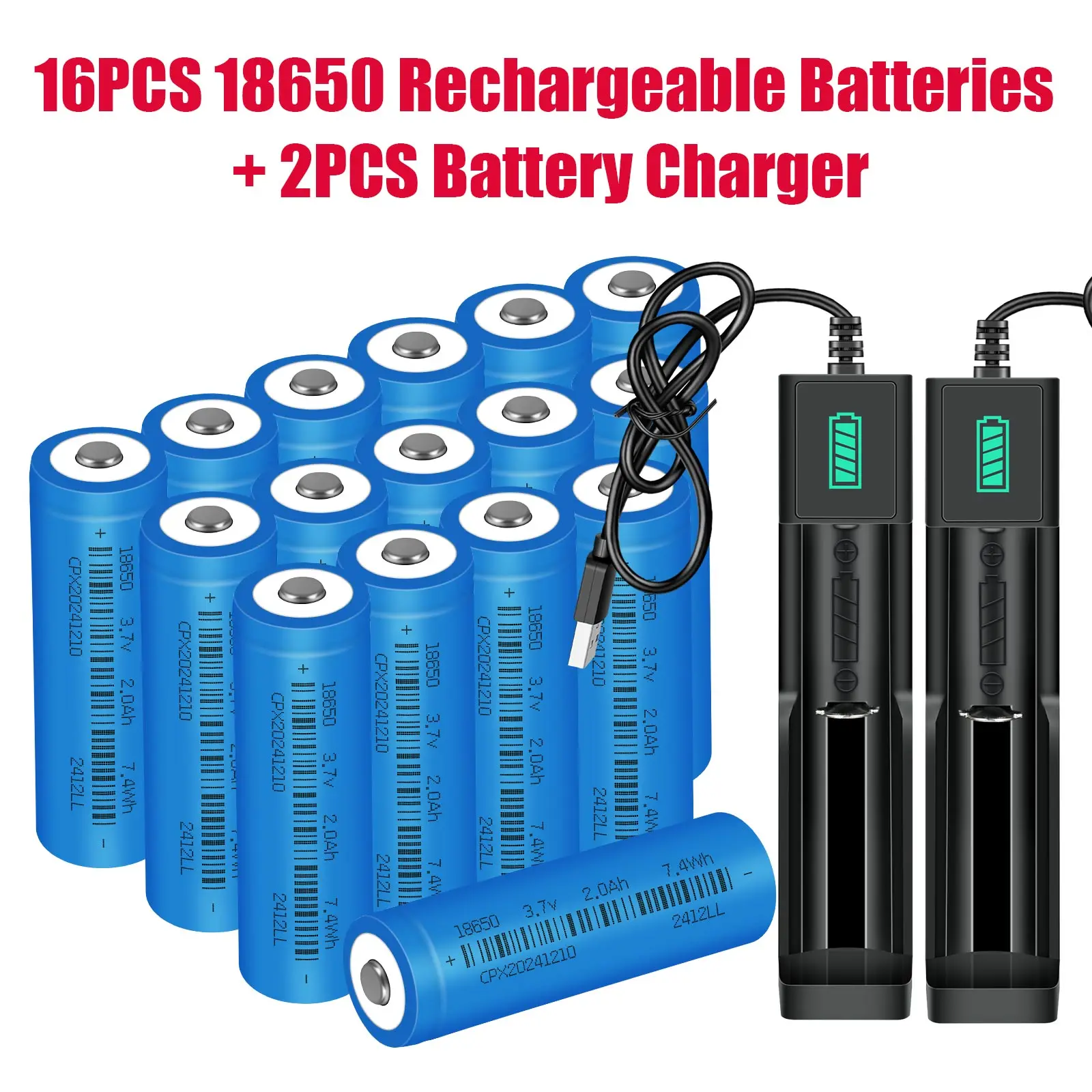 16PCS Button Top 18650 Battery And 2PCS Battery Charger, 2000mAh 3.7V Rechargeable Li-ion Batteries for Flashlight