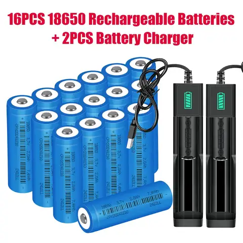 16PCS Button Top 18650 Battery And 2PCS Battery Charger, 2000mAh 3.7V Rechargeable Li-ion Batteries for Flashlight
