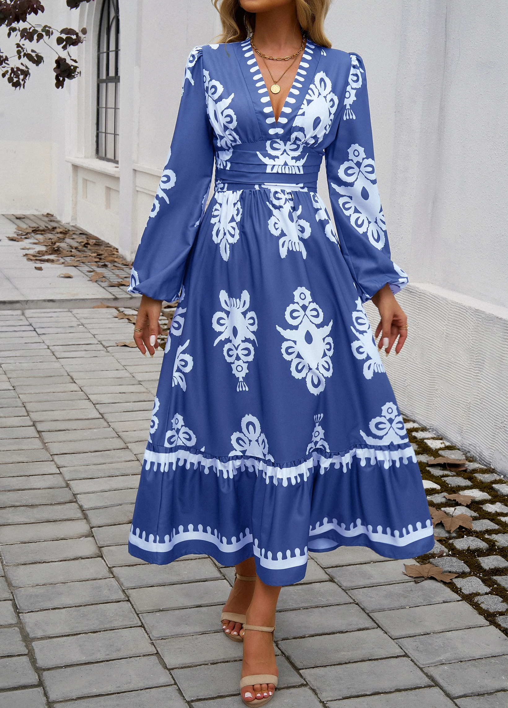 

Jastie 2024 New V-neck Long Lantern Sleeve Spring Autumn Dresses Women A-Line Hem Midi Dress Vintage Printed Female Vestidos