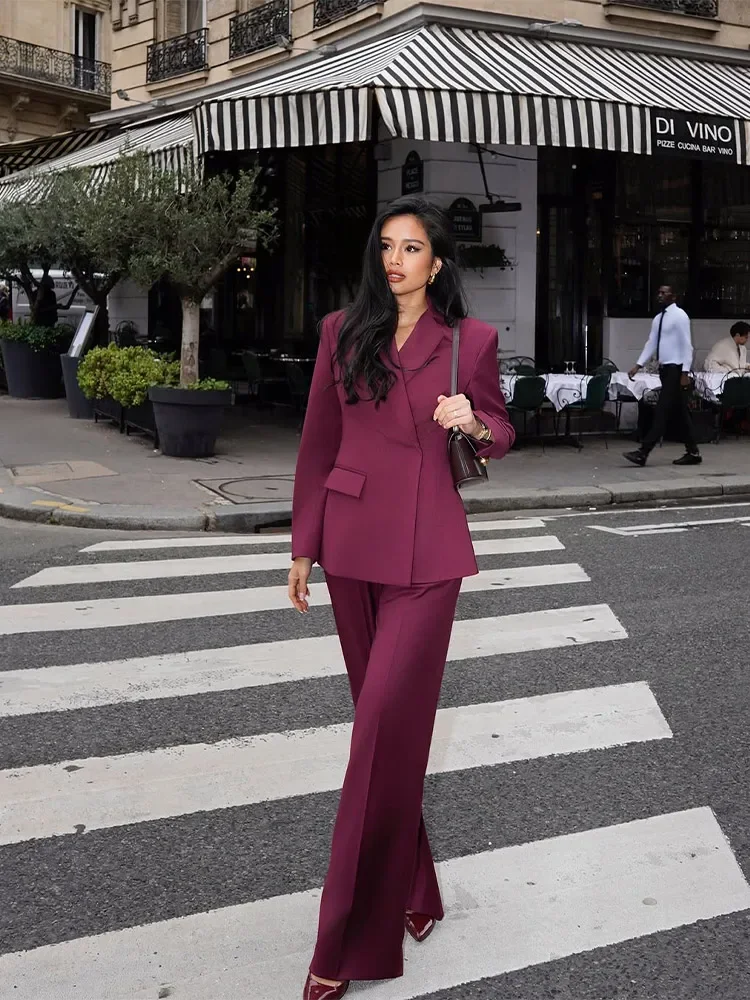 Wine Red Fashion Lapel Suit Jacket And Pants Women Casual Loose 2 Pieces Suits 2025 Spring New Lady Office Commuter Outwear