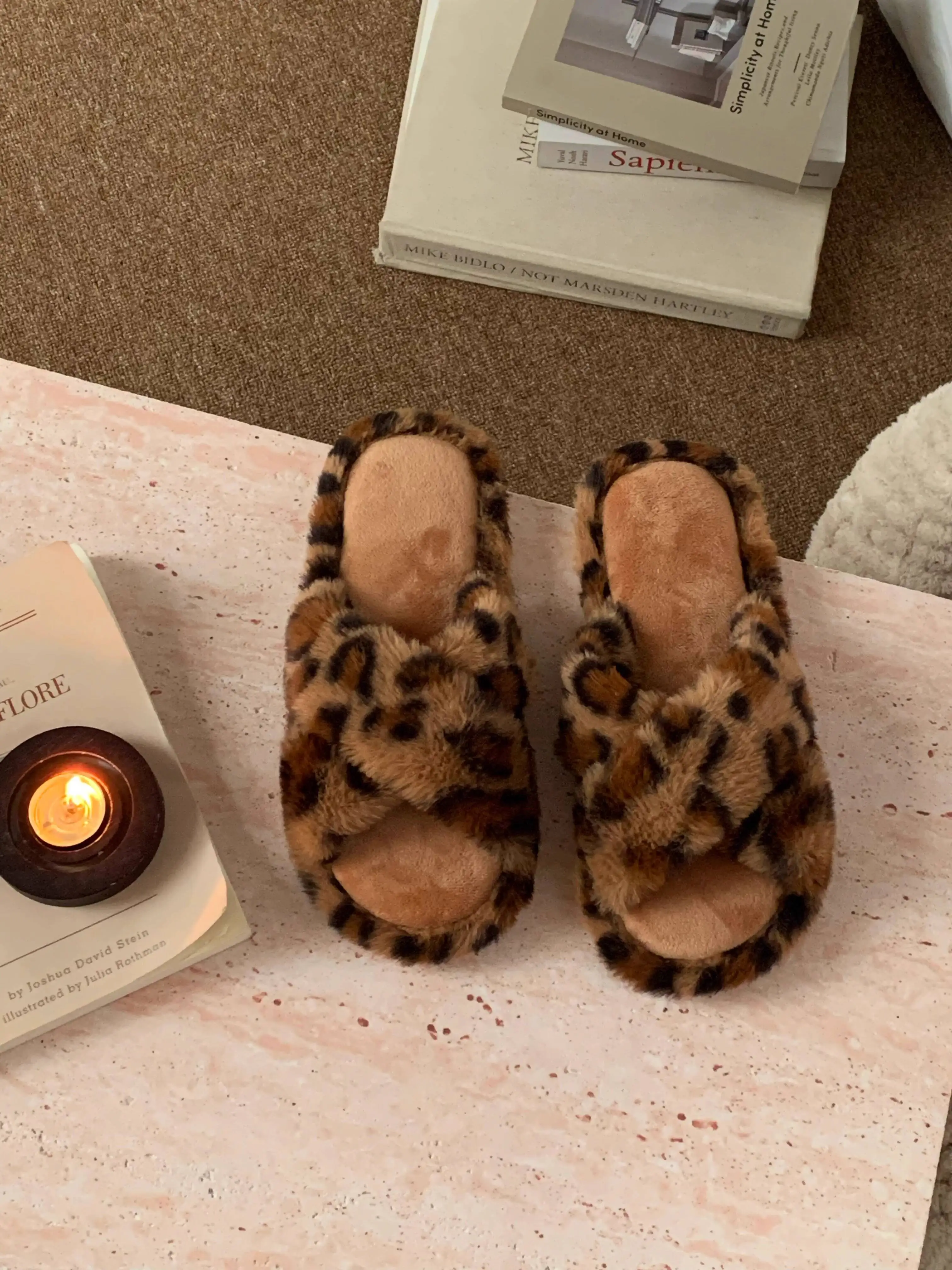 

Women's Leopard Print Home Slippers Autumn Winter Furry Open Toe Crisscross Stylish Indoor Household Cotton Shoes