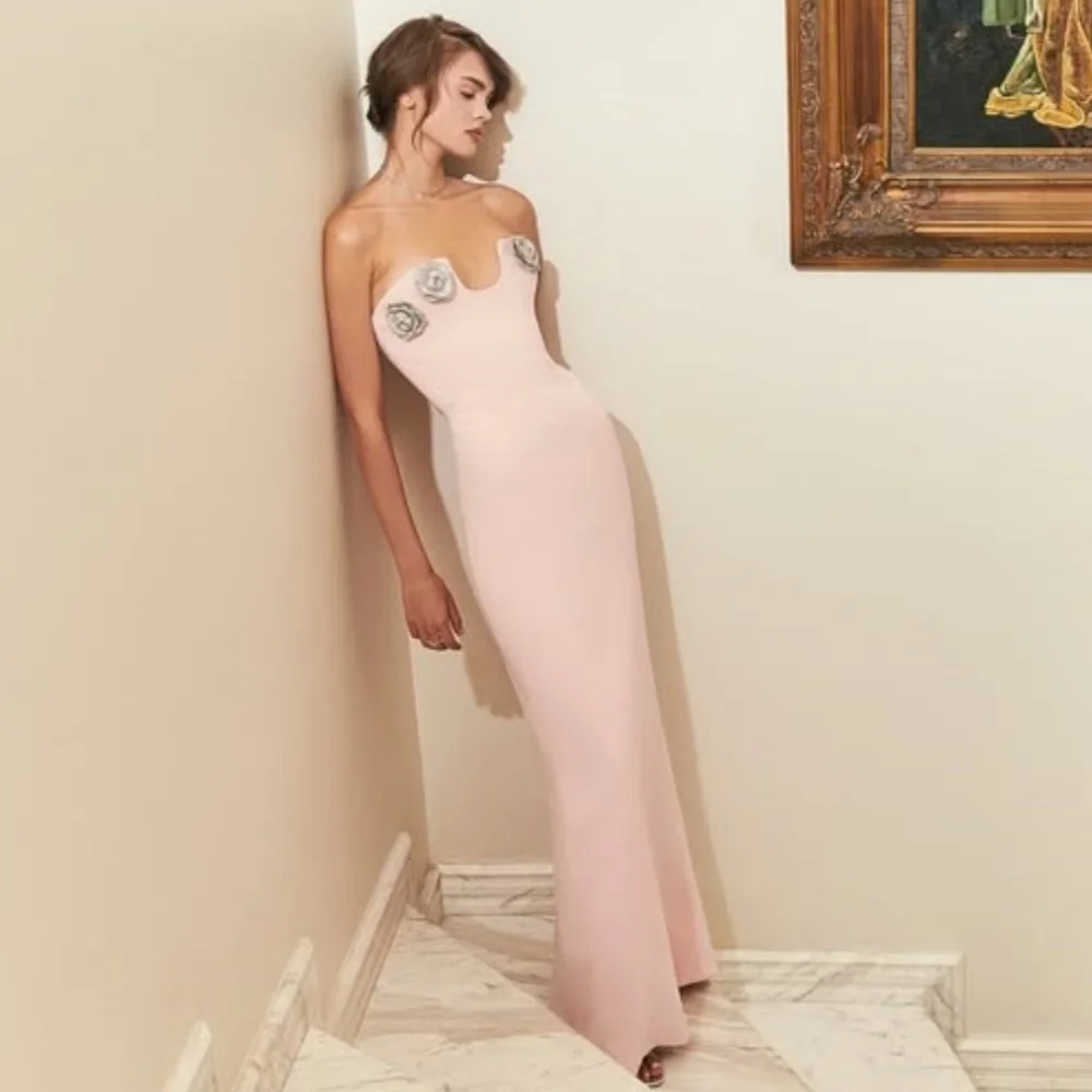 

Customized Modern Style Fashion Jersey Handmade Flower Pleat Mermaid Strapless Long Dresses Bespoke Occasion Dresses Matching