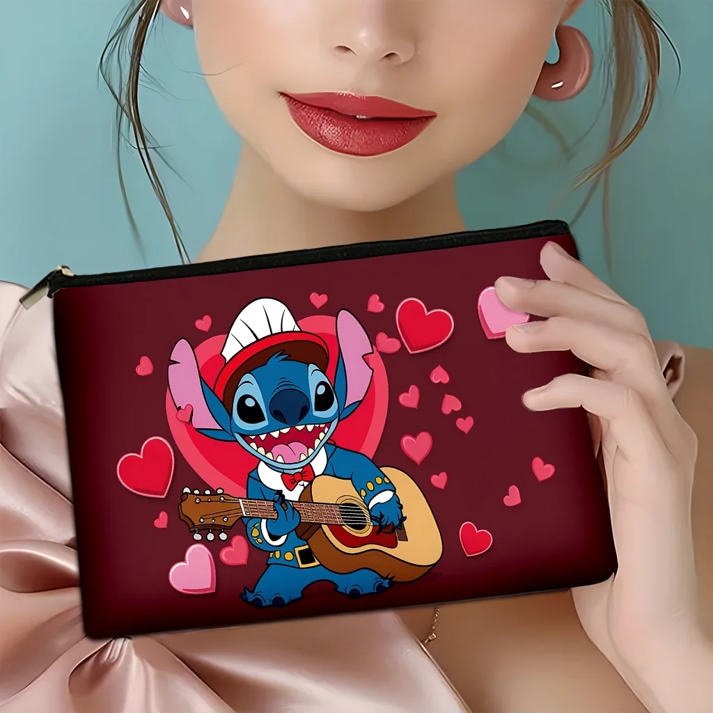 디즈니 스티치 기타 연주 메이크업 가방 - 생동감 넘치는 빨간색과 분홍색 하트 디자인 - 여성용 귀엽고 다용도 지퍼 파우치, 보석 보관 가방, 완벽한 여행용 지퍼 파우치