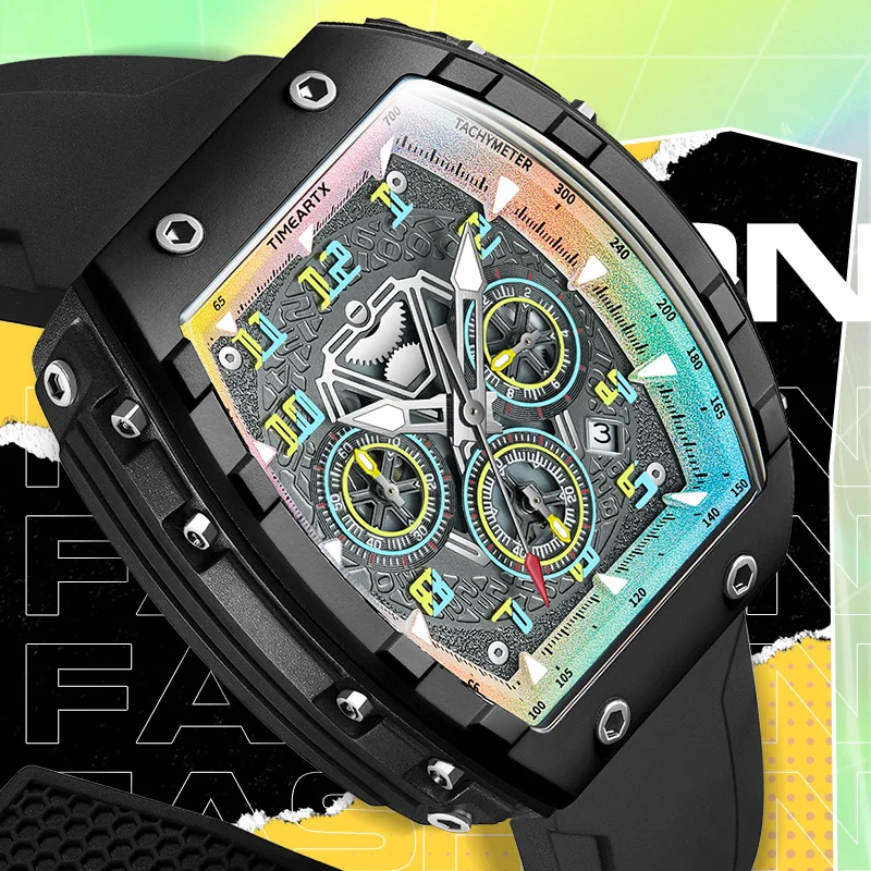 

Timeartx 5001 Высокое качество Tonneau часы с большим циферблатом 30 м водонепроницаемые светящиеся стрелки наручные часы мужские хронограф кварцевый календарь