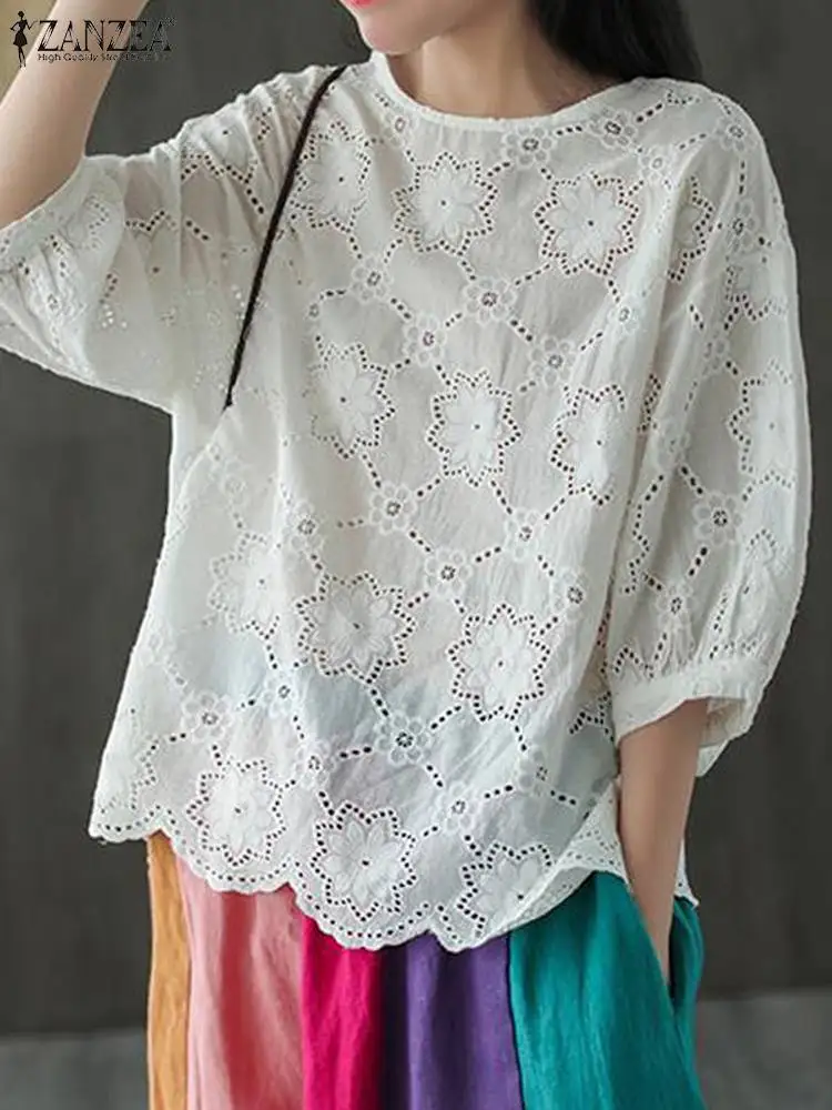 

ZANZEA Lace Patchwork Solid Blusas Holiday Women Elegant Casual Blouses Hollow Out Embroidery 3/4 Puff Sleeve 2024 Summer Tops