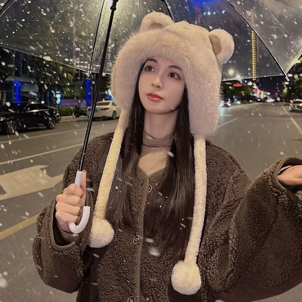 

Cute Warm Winter Hat Woolen Ear Protection Bear Ears Hat Velvet Lacing Bucket Hat Women