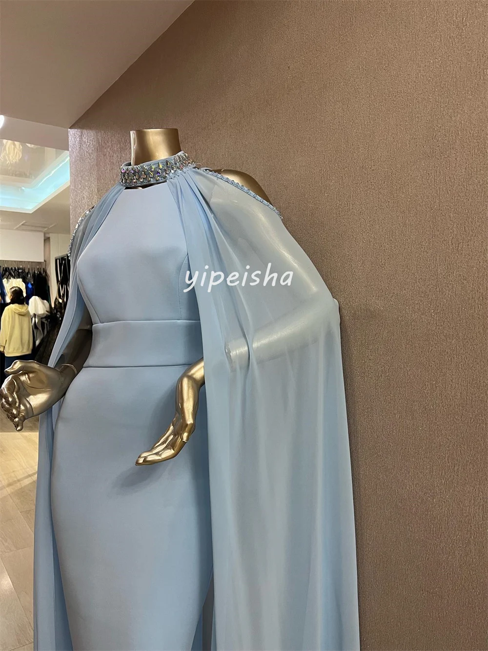 Элегантный трикотаж высокого качества по индивидуальному заказу со стразами, плиссированные колонны с высоким воротником, платья чайной длины, классические платья на заказ