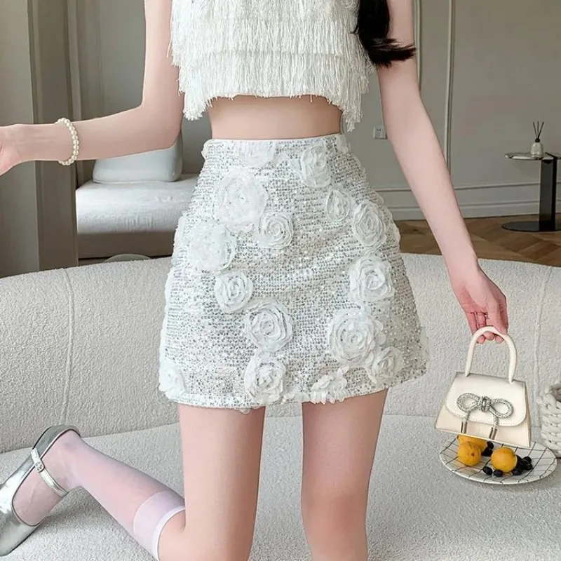 

Women's 3D Floral Sequin Mini Skirt High Waist Slim Bodycon A-Line Party Skirt