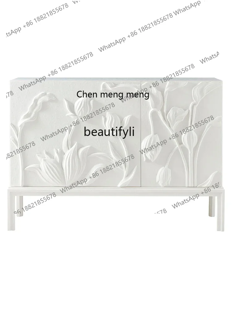 

X Solid wood carving flower entrance cabinet, living room white decorative side cabinet, American simple dining side cabinet