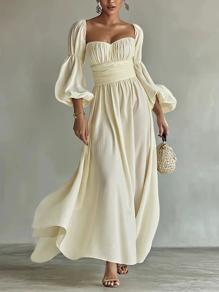 

Elegant Women Solid Color Slim Evening Dress Temperament High Waist Long Sleeve Banquet Dress Casual Simple Pleated Maxi Dresses