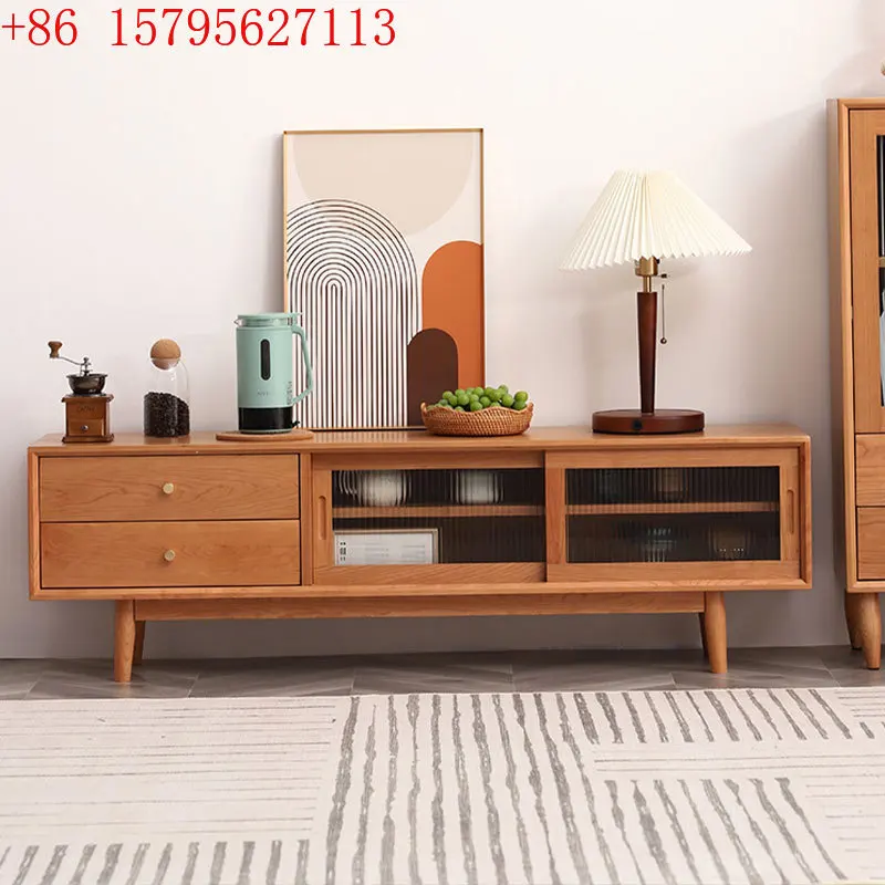 

Vintage North American cherry wood solid wood TV cabinet Small apartment Japanese glass door audio-visual cabinet