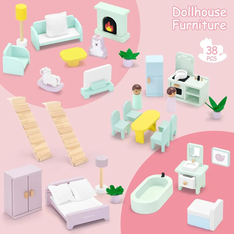 Grande maison de poupée en bois rose, 7 pièces, 3 étages, avec 38 meubles et accessoires, balcon, jeu de simulation Montessori, cadeau pour