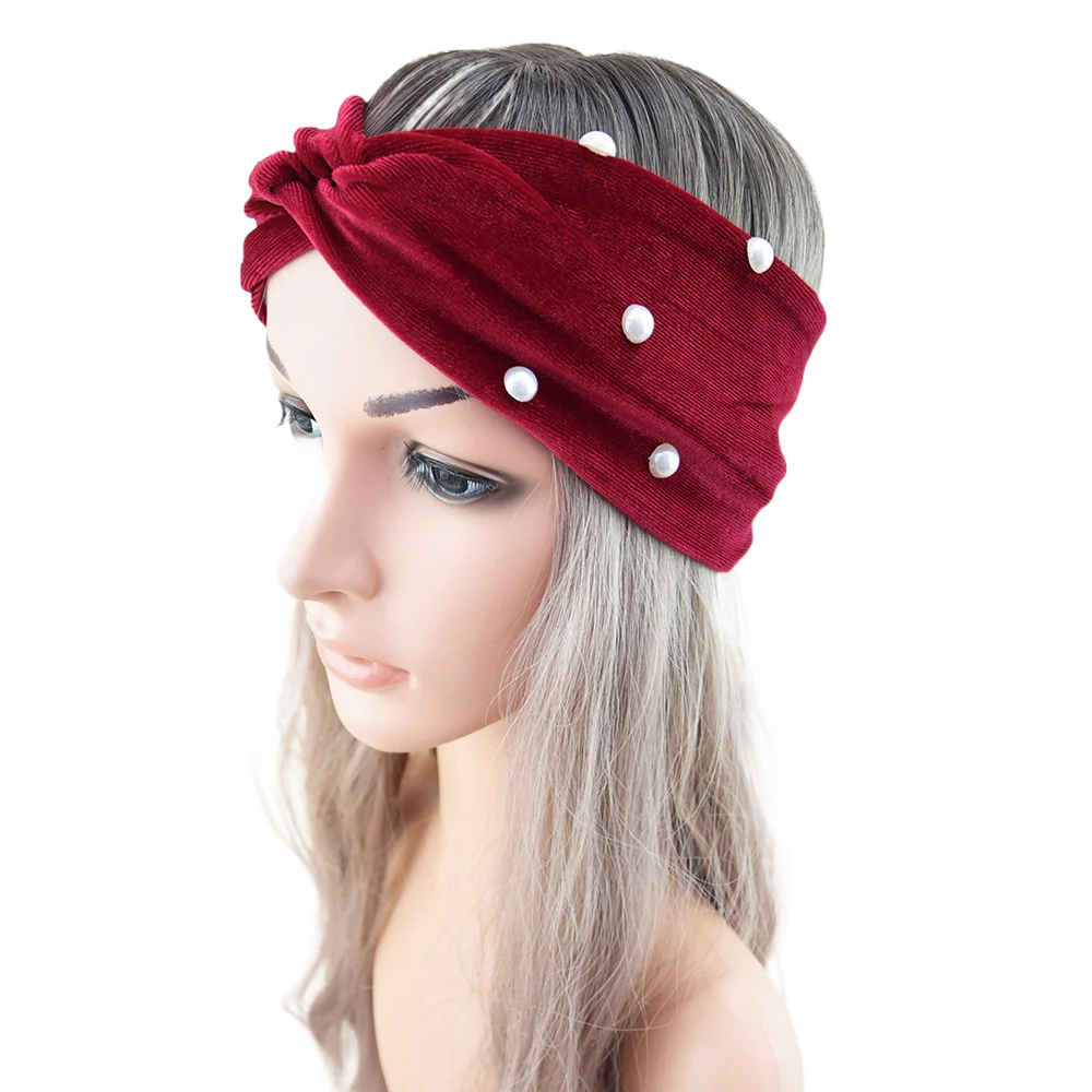 

New Velvet Cross Knot Headbands Women Warm Top Knot Headband Twisted Hair Bands Headwraps Pearls Headwear Hair Accessories