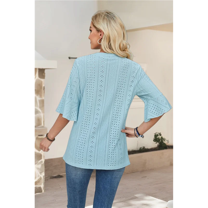 

Plus-Size-Tops-For-Women Dressy V Neck 3/4 Length Ruffle Sleeve T Shirts Trendy Casual Loose Blouses-A55G