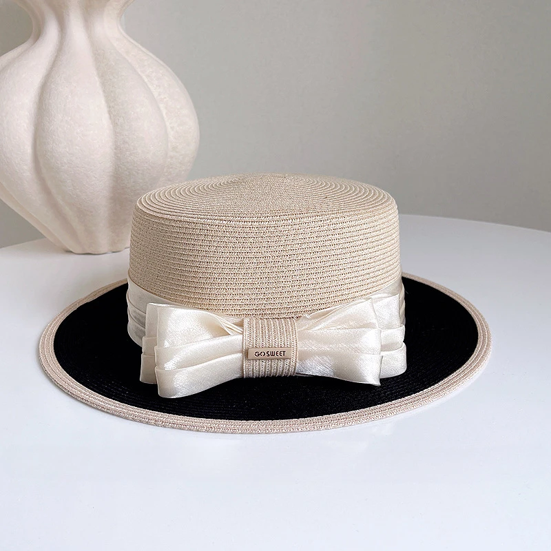 

French Elegant Women's Exquisite Straw Hat Women's New Summer Flat Top Sun Protection and Sunshade Hat Outdoor Travel Fo