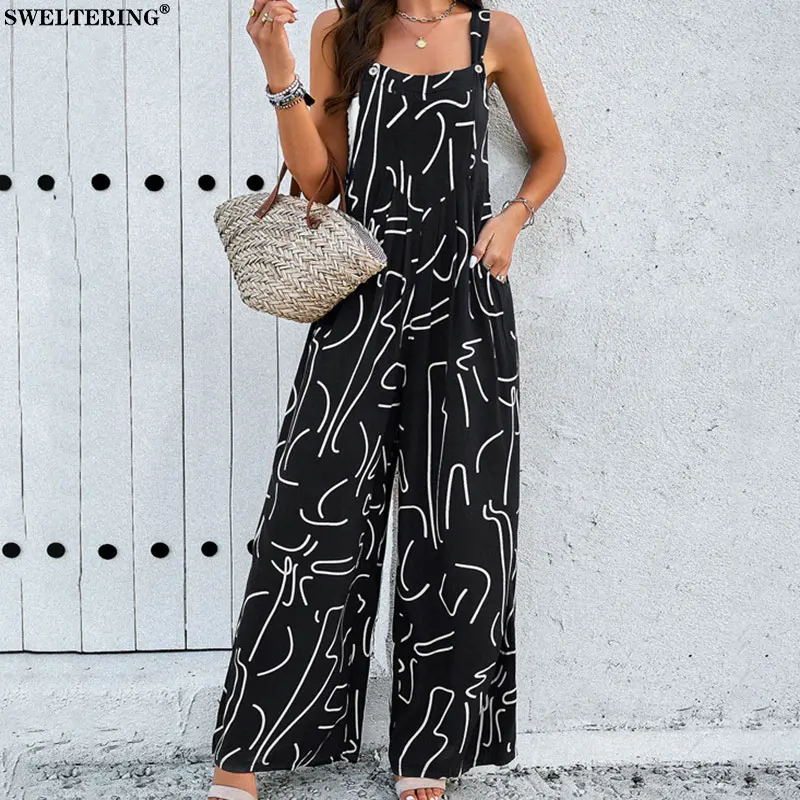 

2024 New Women'S Elegant Loose Waist Jumpsuit Fashion Casual Print Sleeveless Wide Leg Pants Women Wear