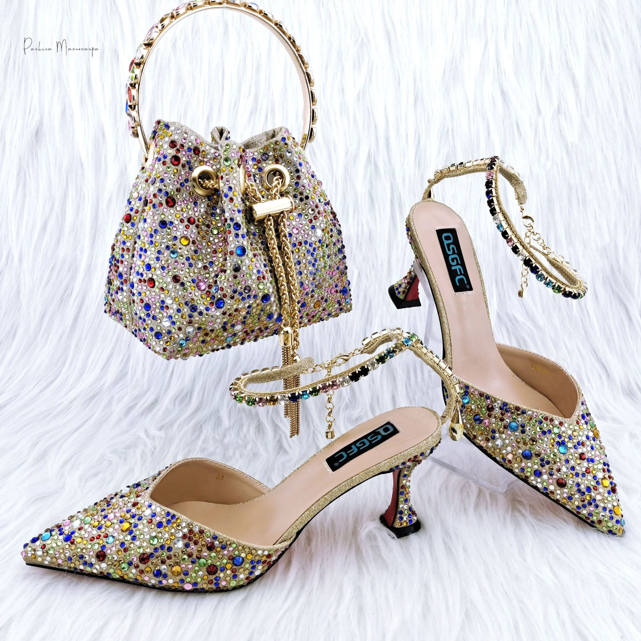 2024 Italian Design Hot Selling Fashion Elegant Colorful Rhinestone Decoration Style High Heels Pointed Toe Shoes and Bag Set