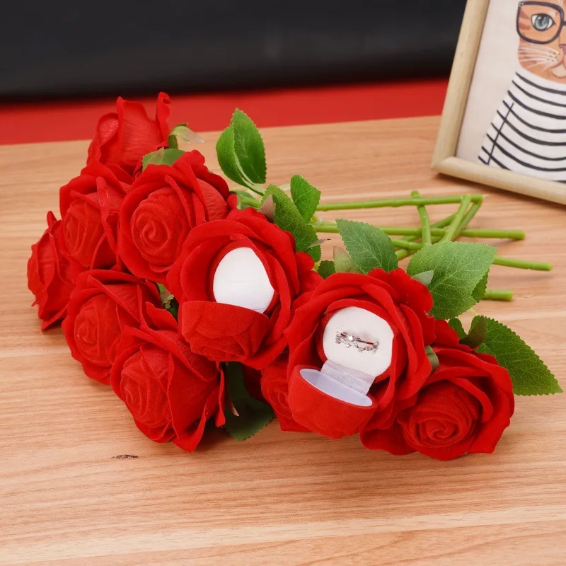 Flocked Artificial Rose Flower Ring Box Red Velvet Jewelry Box Earring Display Holder Wedding Valentine's Day Gift Storage Case
