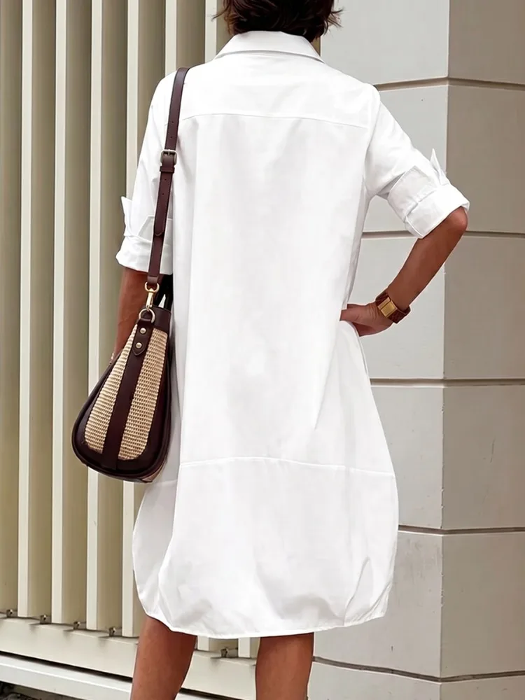 Yeezzi Damenmode: Neues 2026er Hemdkleid mit Krawattenmuster, Reverskragen, langen Ärmeln, lockerer Passform, Knopfleiste und Taschen – Lässiges Büro-Midikleid – Detail 8