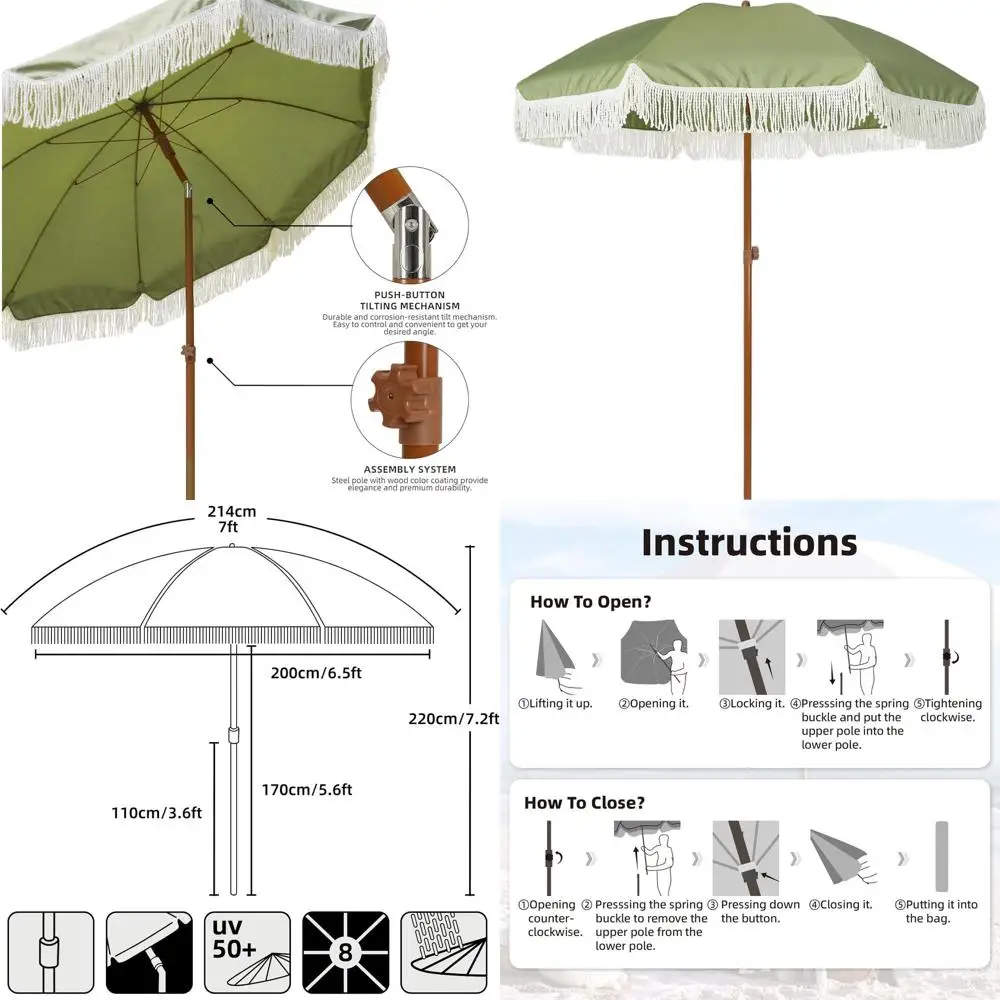 

Зеленый зонт для патио 7 футов с бахромой, UPF50+, премиальная стальная конструкция, механизм наклона с кнопкой