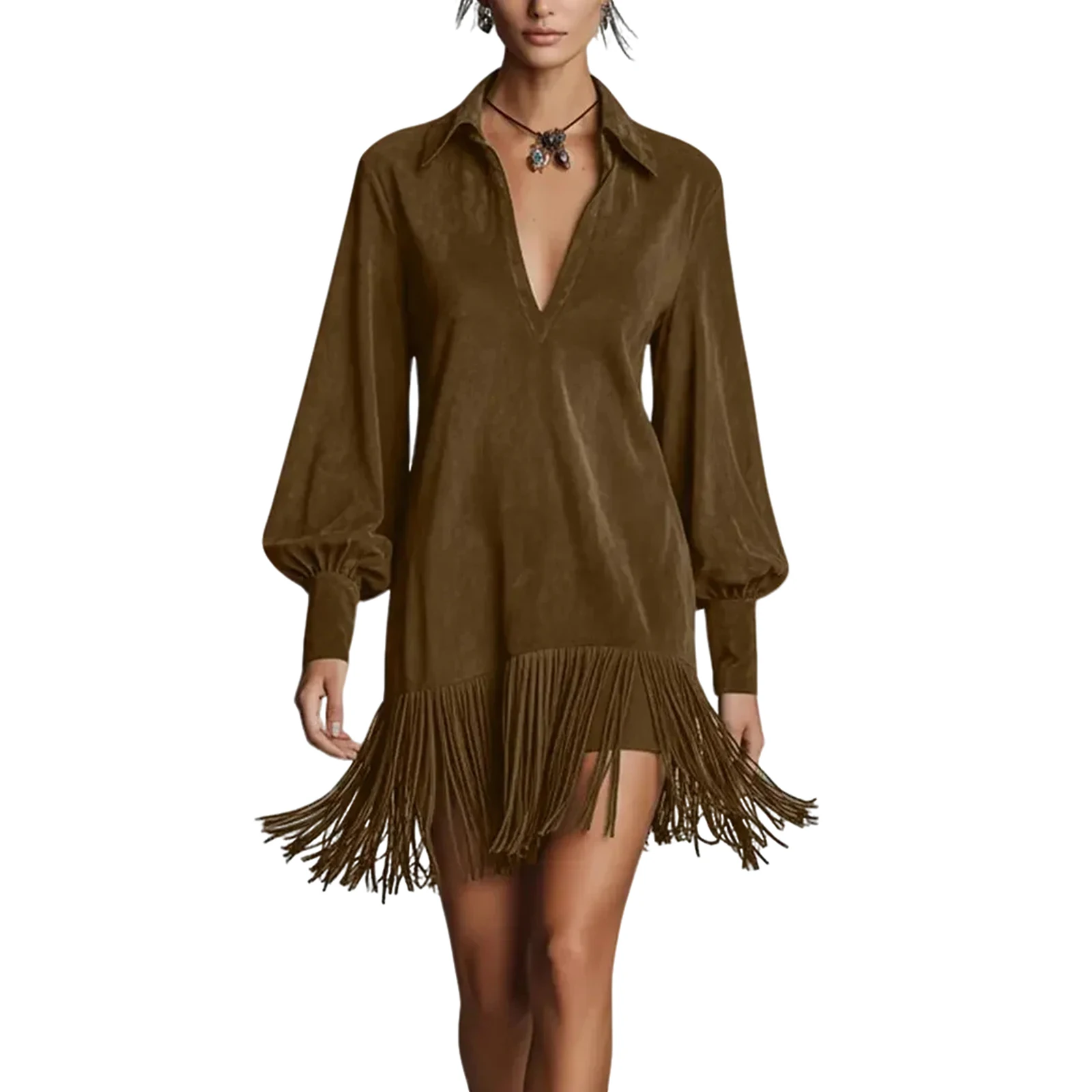 เดรสสั้นผู้หญิงผ้าสักหลาดเนื้อนุ่ม ดีไซน์ปกเสื้อแบบปกเชิ้ต คอวีลึกเซ็กซี่ ชายกระโปรงไขว้แบบไม่สมมาตร ทรงเข้ารูป เหมาะสำหรับแฟชั่นฤดูใบไม้ร่วง