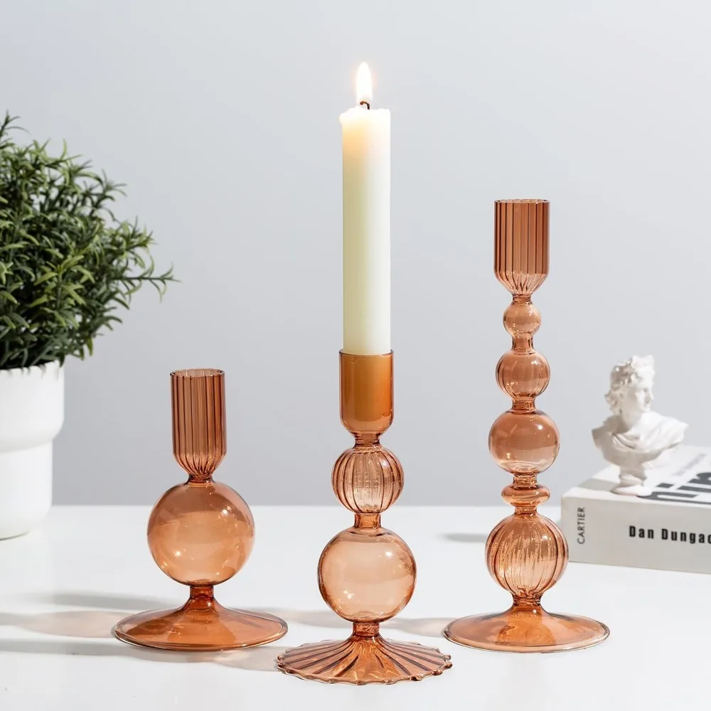 3Pcs/set Glass Candle Holder Unique Tapered Flower Vase Candlestick Romantic Minimalist for Table Centerpiece Home Decor Gift