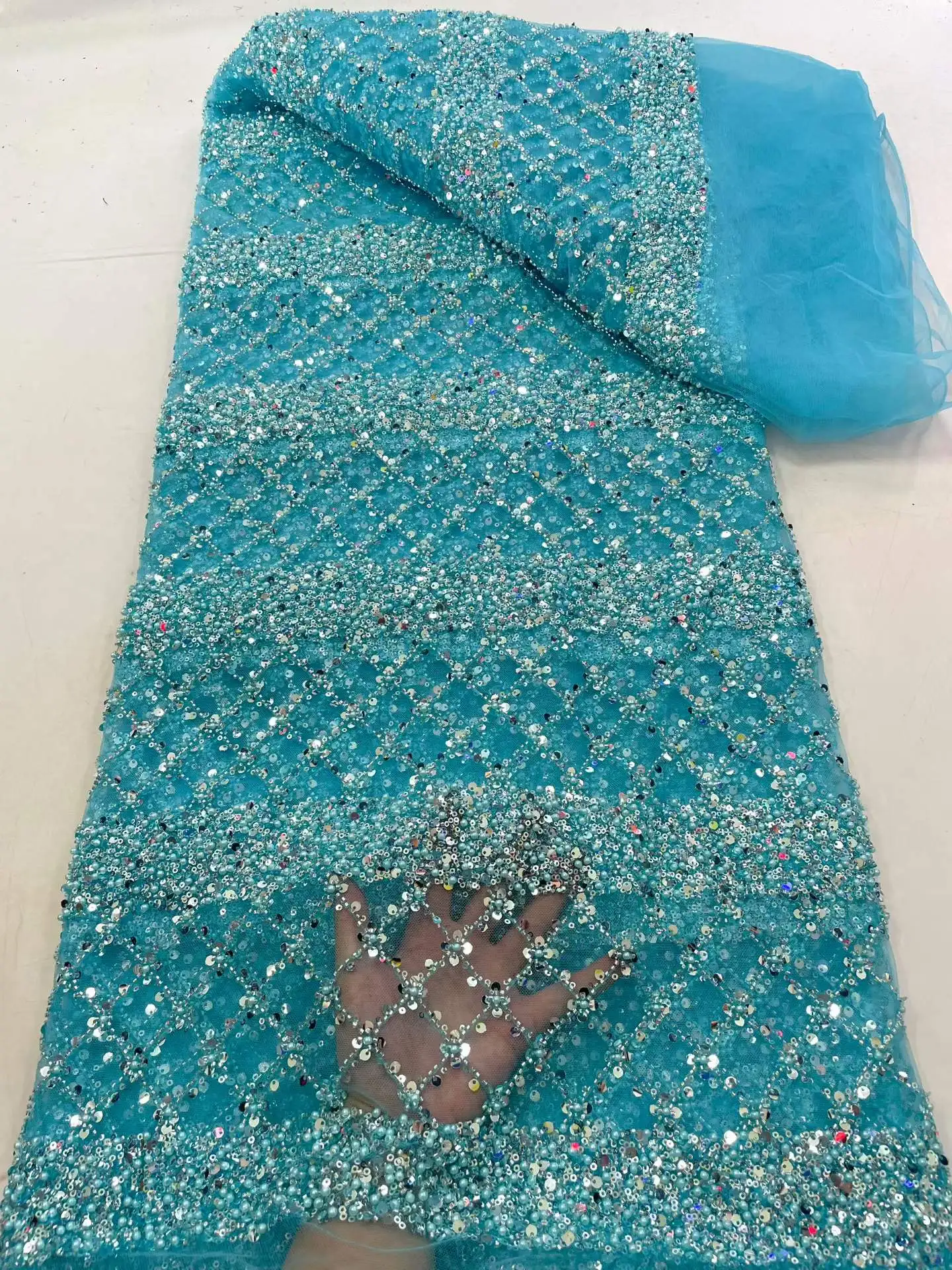 Hot Pink African Nigerian High-Quality Sequins for Prom Dresses Beads Tulle Lace Fabric Embroidery Sewing Net Cloth 5Yards 3396 - view 6