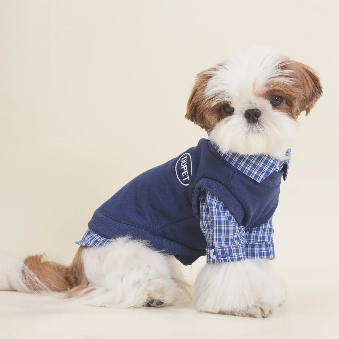 Pet Autumn and Winter Checkered Shirt Patchwork Hoodie, Schnauzer Bibi Bear Small Dog Cat Fake Two-piece Hoodie Puppy Clothes