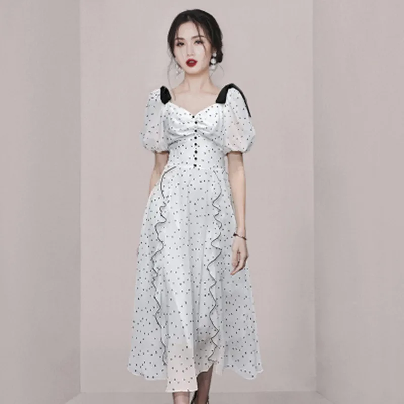 

High Quality Design Runway Women's Dress Summer Fashion V-Neck Bubble Sleeve Fold Pleated Ruffled Edge Wave Dot Dress